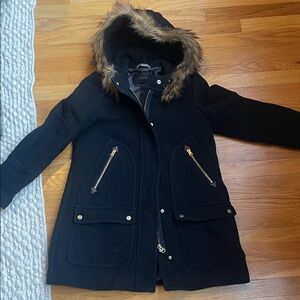 J. Crew Black Italian Woal Coat with Faux Fur Hood